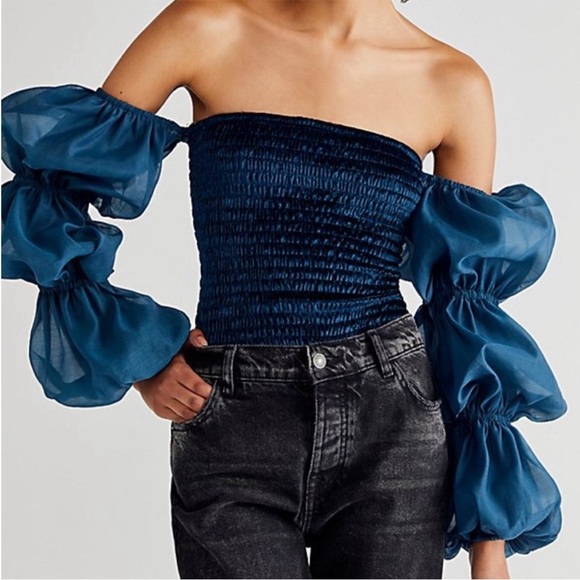 Free People Girls Just Wanna Velvet Off Shoulder Bodysuit in Overboard Medium - Picture 1 of 4